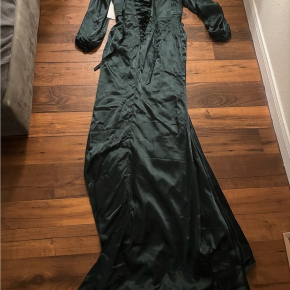 Dark Green Satin Corset Maxi Dress Puff Sleeve Lace-Up Back Formal Gown Size 4 - Picture 5 of 8